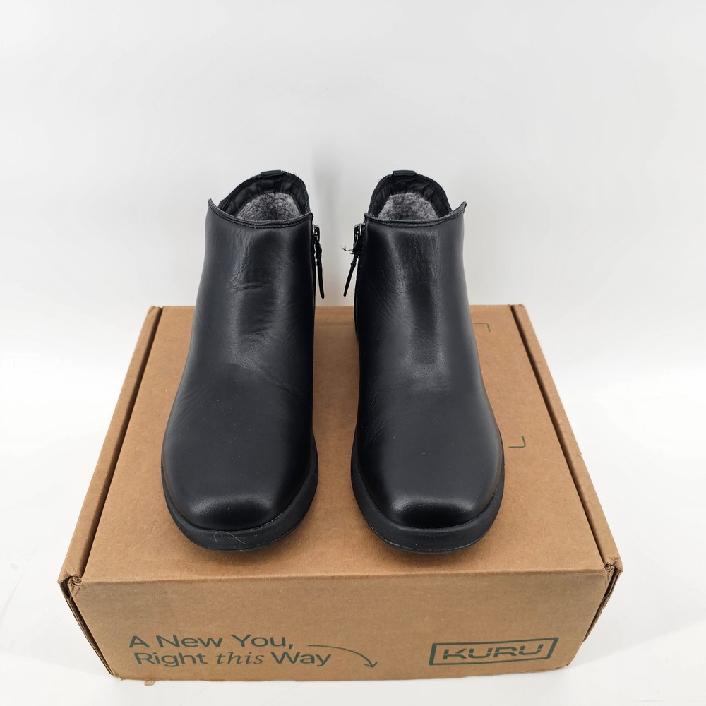 Kuru Tempo Ankle Boots Women 7 Jet Black Leather Orthopedic Support Side Zip NIB